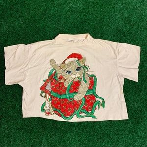 Vintage 90's Christmas Holiday Cat Kitten Crop Top